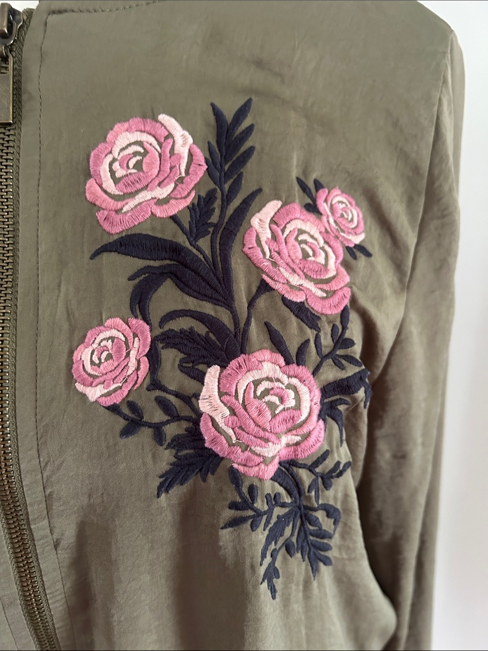C Olive Green Bomber Jacket with Pink Rose Embroidery - Picture 2 of 7